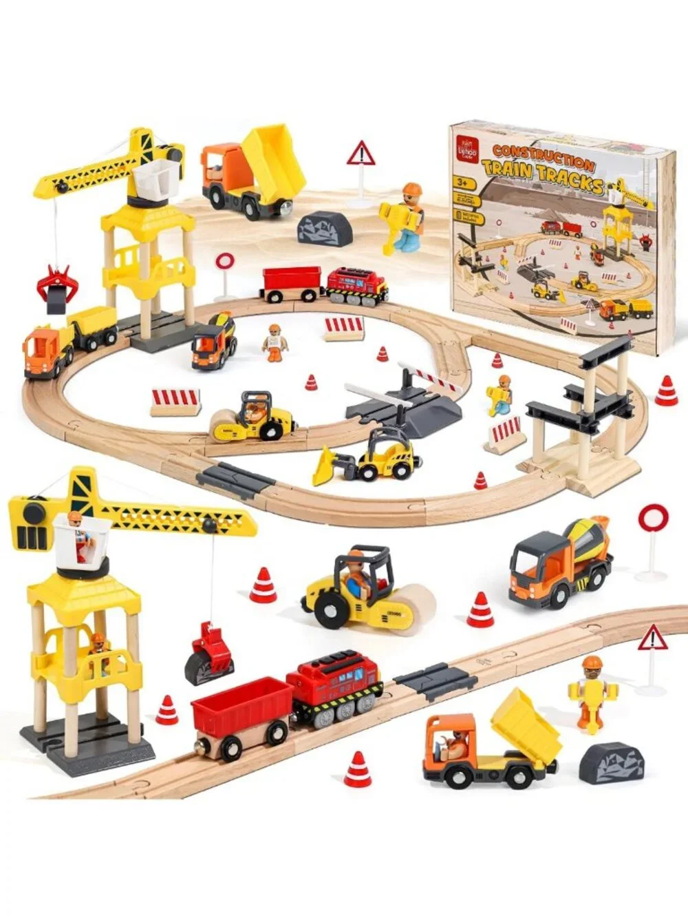 Wooden Train Set for Kids | Construction Toys w/ Crane & Track | Toddler Gift